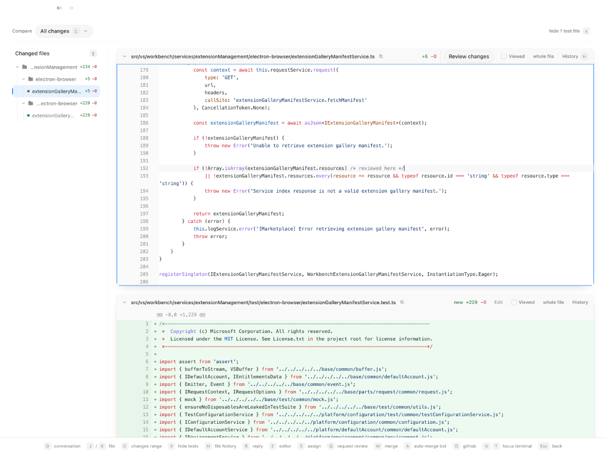 Full-file editor opened at a changed line of a pull request file, ready to commit back to the PR