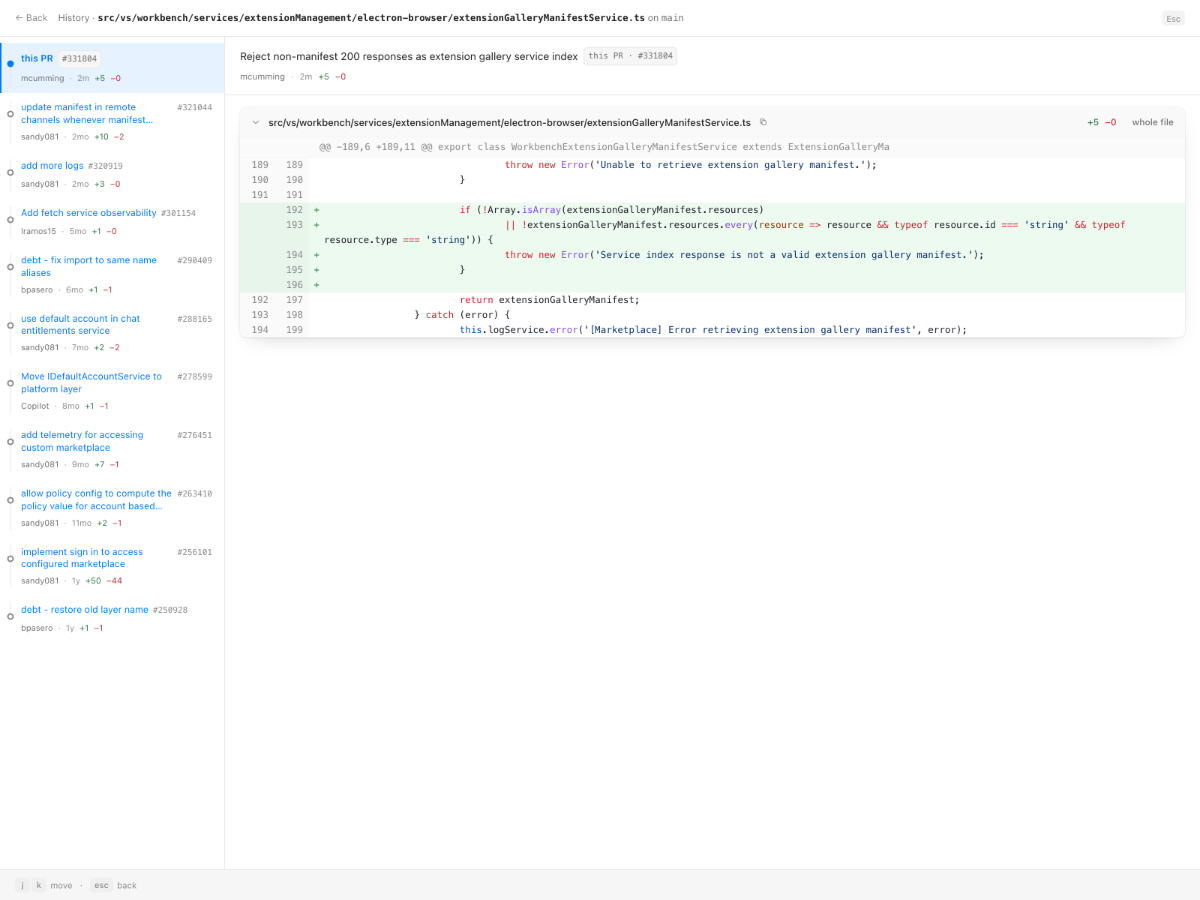 File history view listing earlier commits with the selected commit's diff