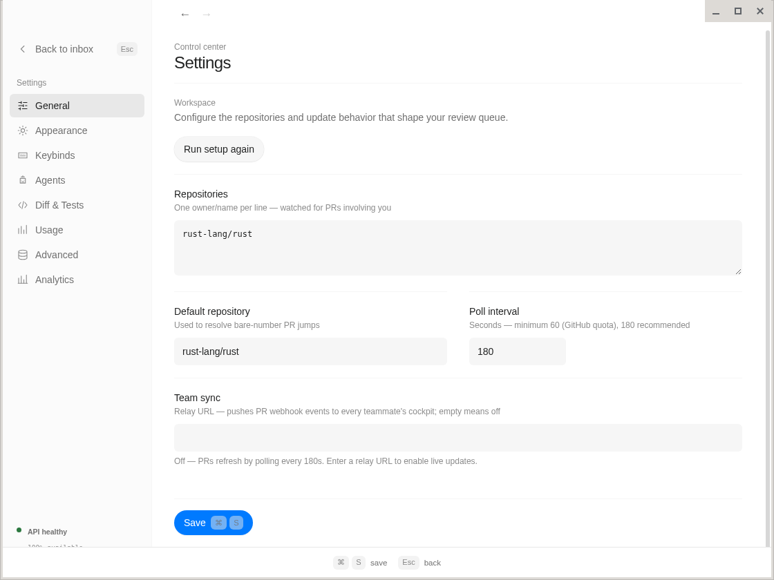 PR Cockpit settings running in the native Linux desktop window
