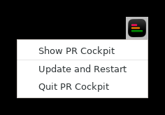 PR Cockpit Linux tray menu with Show, Update and Restart, and Quit actions