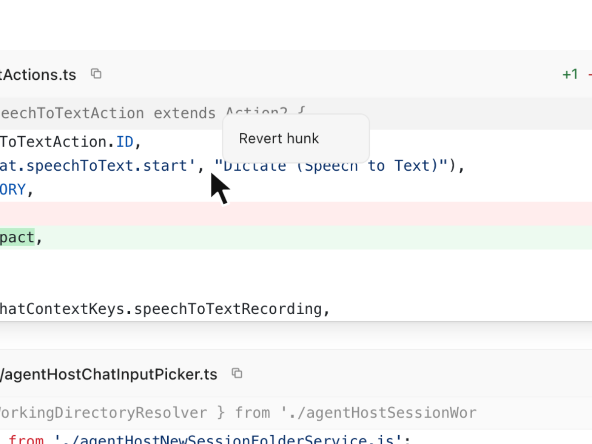Right-click context menu on a unified diff hunk offering Revert hunk
